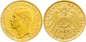 Reichsgoldmünzen
Hessen
Ernst Ludwig, 1892-1918
20 Mark 1911 A. gutes vorzüglich. Jaeger 226. 