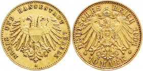 Reichsgoldmünzen
Lübeck
Freie und Hansestadt
10 Mark 1901 A. vorzüglich/Stempelglanz. Jaeger 227. 