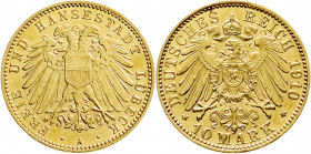 Reichsgoldmünzen
Lübeck
Freie und Hansestadt
10 Mark 1910 A. Wappen.
vorzüglich/Stempelglanz, min. Randunebenheiten. Jaeger 228. 