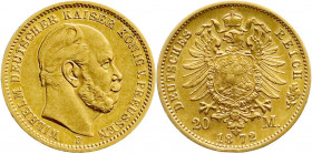 Reichsgoldmünzen
Preußen
Wilhelm I., 1861-1888
20 Mark 1872 B. vorzüglich. Jaeger 243. 