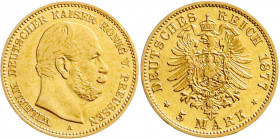 Reichsgoldmünzen
Preußen
Wilhelm I., 1861-1888
5 Mark 1877 A. sehr schön. Jaeger 244. 