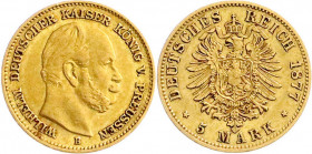 Reichsgoldmünzen
Preußen
Wilhelm I., 1861-1888
5 Mark 1877 B. sehr schön. Jaeger 244. 