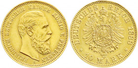 Reichsgoldmünzen
Preußen
Friedrich III., 1888
10 Mark 1888 A. gutes vorzüglich, min. Randfehler. Jaeger 247. 