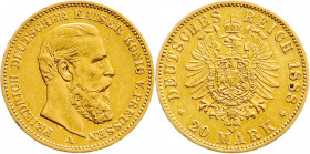 Reichsgoldmünzen
Preußen
Friedrich III., 1888
20 Mark 1888 A. sehr schön/vorzüglich, kl. Randfehler. Jaeger 248. 