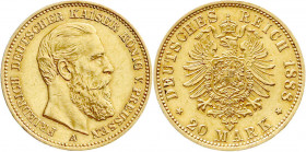 Reichsgoldmünzen
Preußen
Friedrich III., 1888
20 Mark 1888 A. vorzüglich, kl. Kratzer. Jaeger 248. 