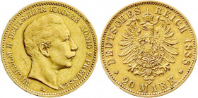 Reichsgoldmünzen
Preußen
Wilhelm II., 1888-1918
20 Mark 1888 A. 3 Kaiserjahr.
sehr schön, kl. Kratzer und Randfehler. Jaeger 250. 