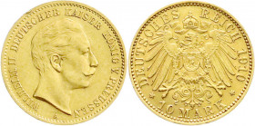 Reichsgoldmünzen
Preußen
Wilhelm II., 1888-1918
10 Mark 1910 A. vorzüglich/Stempelglanz, kl. Randfehler. Jaeger 251. 