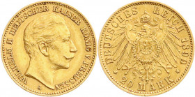 Reichsgoldmünzen
Preußen
Wilhelm II., 1888-1918
20 Mark 1899 A. vorzüglich, kl. Randfehler. Jaeger 252. 