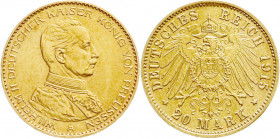 Reichsgoldmünzen
Preußen
Wilhelm II., 1888-1918
20 Mark 1915 A. Kaiser in Uniform.
vorzüglich, kl. Kratzer, selten. Jaeger 253. 