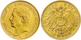 Reichsgoldmünzen
Schwarzburg/-Rudolstadt
Günther, 1890-1918
10 Mark 1898 A. fast Stempelglanz, min. überarb. Randfehler, sonst Prachtexemplar. Jaeg...
