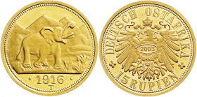 Gold der deutschen Kolonien u. Nebengebiete
Deutsch-Ostafrika
Notmünzen aus Tabora, 1916
Neuprägung zum 15 Rupien-Stück 1916 T, Elefant. (2003) 3,5...