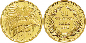 Gold der deutschen Kolonien u. Nebengebiete
Neuguinea
Neu-Guinea Compagnie
Neuprägung zum 20 Neu-Guinea Mark-Stück 1895 A (2003). 3,53 g. 585/1000....