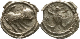Kelten
Gallische Kelten
Suessiones
Potin 1. Jh. v. Chr. Frosch/Languste (?). 6,58 g. Stempelstellung 12 h.
sehr schön, Randfehler, unpubliziert (?...