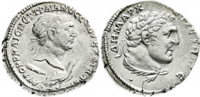 Provinzialrömische Münzen
Syrien
Seleukis und Pieria
Tetradrachme um 108. Belorb. Kopf r. über Adler und Keule/Büste des Melqart r. 14,37 g. Stempe...