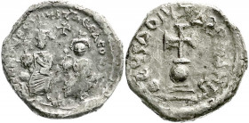 Byzanz
Kaiserreich
Heraclius, 610-641
Hexagramm 625/629. Heraclius und Heraclius Constantin thronend v.v./Stufenkreuz mit Globus.
fast sehr schön....
