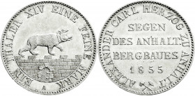 Altdeutsche Münzen und Medaillen
Anhalt-Bernburg
Alexander Carl, 1834-1863
Ausbeutetaler 1855 A. gutes vorzüglich. Jaeger 66. Thun 3. AKS 16. Daven...