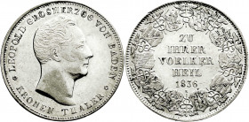 Altdeutsche Münzen und Medaillen
Baden-Durlach
Leopold, 1830-1852
Kronentaler 1836. ZU IHRER VÖLKER HEIL.
fast vorzüglich. Jaeger 51. Thun 23. AKS...
