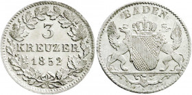 Altdeutsche Münzen und Medaillen
Baden-Durlach
Friedrich I., 1852-1907
3 Kreuzer 1852. fast Stempelglanz. Jaeger 53. AKS 121. 