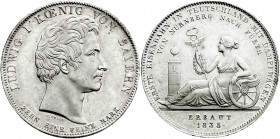 Altdeutsche Münzen und Medaillen
Bayern
Ludwig I., 1825-1848
Geschichtstaler 1835. Erste Eisenbahn in Teutschland mit Dampfwagen von Nürnberg nach ...