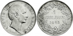 Altdeutsche Münzen und Medaillen
Bayern
Ludwig II., 1864-1886
Gulden 1865, Kopf mit Scheitel.
fast Stempelglanz, Prachtexemplar. Jaeger 100. AKS 1...
