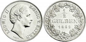 Altdeutsche Münzen und Medaillen
Bayern
Ludwig II., 1864-1886
1/2 Gulden 1869. vorzüglich, kl. Kratzer. Jaeger 102. AKS 180. 