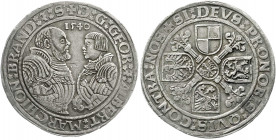 Altdeutsche Münzen und Medaillen
Brandenburg-Franken
Georg und Albrecht, 1527-1543
Taler 1540, Schwabach.
fast vorzüglich, schöne Patina. v. Schrö...