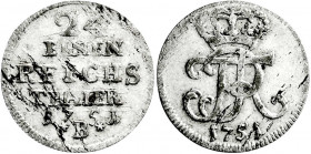 Altdeutsche Münzen und Medaillen
Brandenburg-Preußen
Friedrich II., 1740-1786
Zwitter-1/24 Taler 1751 B, Breslau.
gutes sehr schön, Schrötlingsfeh...