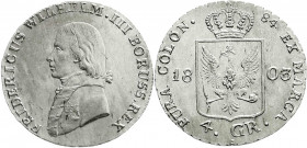 Altdeutsche Münzen und Medaillen
Brandenburg-Preußen
Friedrich Wilhelm III., 1797-1840
4 Groschen = 1/6 Taler 1803 A, Berlin. sehr schön/vorzüglich...