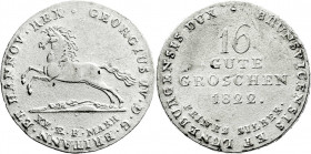 Altdeutsche Münzen und Medaillen
Braunschweig-Calenberg-Hannover
Georg IV., 1820-1830
16 Gute Groschen 1822 Jahreszahl unter Wertangabe.
sehr schö...