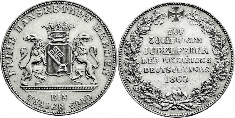 Altdeutsche Münzen und Medaillen
Bremen-Stadt
Taler 1863. 50 Jahre Befreiung D...