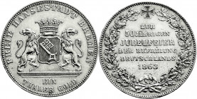 Altdeutsche Münzen und Medaillen
Bremen-Stadt
Taler 1863. 50 Jahre Befreiung Deutschlands.
vorzüglich. Jaeger 26. Thun 124. AKS 14. 