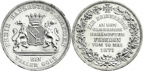 Altdeutsche Münzen und Medaillen
Bremen-Stadt
Taler 1871 B. Frieden vom 10. Mai 1871.
fast Stempelglanz, min. Randfehler, Prachtexemplar. Jaeger 28...