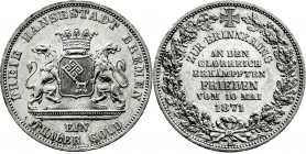 Altdeutsche Münzen und Medaillen
Bremen-Stadt
Taler 1871 B. Frieden vom 10. Mai 1871.
gutes vorzüglich, kl. Randfehler. Jaeger 28. Thun 127. AKS 17...