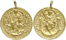 Altdeutsche Münzen und Medaillen
Erzgebirge
Tragbare, vergoldete Silbergussmedaille 1550 von Conz Welcz, a.d. 50. Geburtstag Karls V. Kaiser thront ...