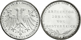 Altdeutsche Münzen und Medaillen
Frankfurt-Stadt
Gedenkdoppelgulden 1848. Erzherzog Johann von Österreich.
vorzüglich/Stempelglanz, kl. Kratzer. Ja...
