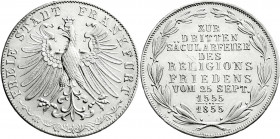 Altdeutsche Münzen und Medaillen
Frankfurt-Stadt
Gedenkdoppelgulden 1855. Religionsfrieden.
vorzüglich/Stempelglanz, winz. Kratzer. Jaeger 49. Thun...