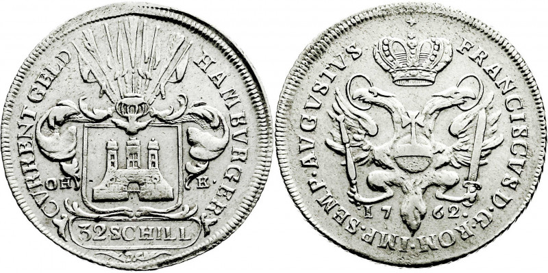 Altdeutsche Münzen und Medaillen
Hamburg-Stadt
32 Schilling (2 Mark) 1762 OHK....