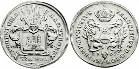 Altdeutsche Münzen und Medaillen
Hamburg-Stadt
32 Schilling (2 Mark) 1762 OHK. Mit Titel Franz I. Münzmeister Otto Heinrich Knorre.
vorzüglich. Gae...