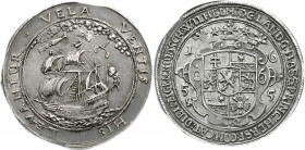 Altdeutsche Münzen und Medaillen
Hessen-Kassel
Wilhelm VI., 1637-1663
Schiffstaler 1655. Dreimaster auf hoher See, darüber unter Wolken Säule, Buch...