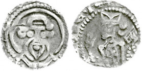 Altdeutsche Münzen und Medaillen
Münster-Bistum
Ludwig von Hessen, 1310-1357
Pfennig o.J. Mitriertes Bischofshüftbild l. mit zum Segen erhobener Re...
