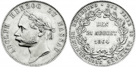 Altdeutsche Münzen und Medaillen
Nassau
Adolph, 1839-1866
Vereinstaler 1864, Regierungsjubiläum.
sehr schön. Jaeger 63. Thun 238. AKS 77. 