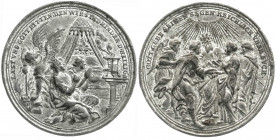 Altdeutsche Münzen und Medaillen
Nürnberg-Stadt
Zinnmedaille mit Kupferstift o.J. von Georg Hautsch. Auf die Ehe. 43 mm.
sehr schön, etwas korrodie...