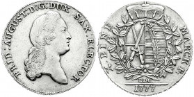 Altdeutsche Münzen und Medaillen
Sachsen-Albertinische Linie
Friedrich August III., 1763-1806
Konventionstaler 1777 EDC, Dresden. vorzüglich. Buck ...