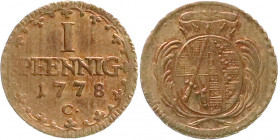 Altdeutsche Münzen und Medaillen
Sachsen-Albertinische Linie
Friedrich August III., 1763-1806
Kupfer Pfennig 1778 C. Stempelglanz, Prachtexemplar, ...