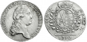 Altdeutsche Münzen und Medaillen
Sachsen-Albertinische Linie
Friedrich August III., 1763-1806
Konventionstaler 1790 IEC, Dresden. vorzüglich. Buck ...