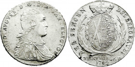 Altdeutsche Münzen und Medaillen
Sachsen-Albertinische Linie
Friedrich August III., 1763-1806
Ausbeutetaler 1792 IEC Dresden Brb. mit freiem Hals....
