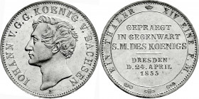 Altdeutsche Münzen und Medaillen
Sachsen-Albertinische Linie
Johann, 1854-1873
Münzbesuchstaler 1855 F. Auflage: 5250 Ex.
Erstabschlag/Polierte Pl...