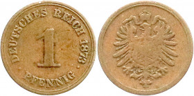 Reichskleinmünzen
1 Pfennig kleiner Adler, Kupfer 1873-1889
1873 A. schön/sehr schön. Jaeger 1. 