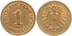 Reichskleinmünzen
1 Pfennig kleiner Adler, Kupfer 1873-1889
1876 H. vorzüglich/Stempelglanz, selten in dieser Erhaltung. Jaeger 1. 