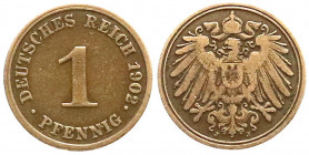 Reichskleinmünzen
1 Pfennig großer Adler, Kupfer 1890-1916
1902 J. Auflage nur 150 Ex.
fast sehr schön, äußerst selten. Jaeger 10. 